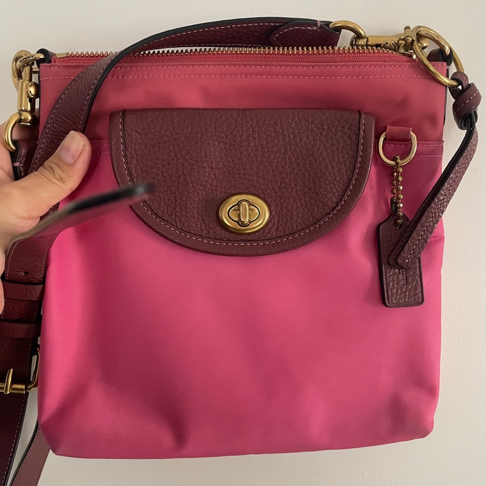 Pink color block coach bag